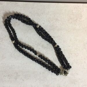 Silver rose black bead necklace